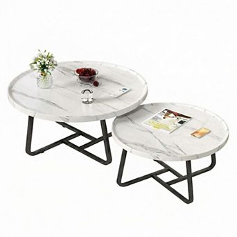 Modern 2 pc Nesting Coffee Tables Set Round Center Table with Metal Frame