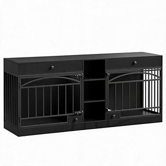 Double Dog Crate Furniture with Storage Drawer, Shelf and Feeding Bowl for Two Small Medium Dogs