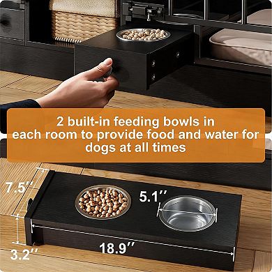 Double Dog Crate Furniture with Storage Drawer, Shelf and Feeding Bowl for Two Small Medium Dogs