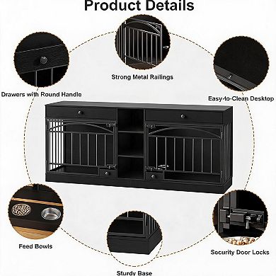 Double Dog Crate Furniture with Storage Drawer, Shelf and Feeding Bowl for Two Small Medium Dogs