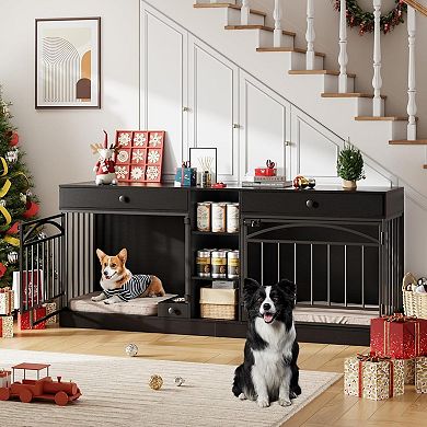 Double Dog Crate Furniture with Storage Drawer, Shelf and Feeding Bowl for Two Small Medium Dogs