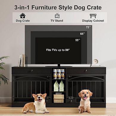 Double Dog Crate Furniture with Storage Drawer, Shelf and Feeding Bowl for Two Small Medium Dogs