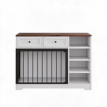 47 Inch Wooden Dog Crate Furniture, 2 Drawers, 4 Open Shelves for Medium & Large Dog Breeds
