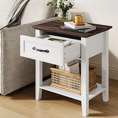 Minimalist Wooden Nightstand with Drawer and Open Shelf, Multi-use for Small Spaces