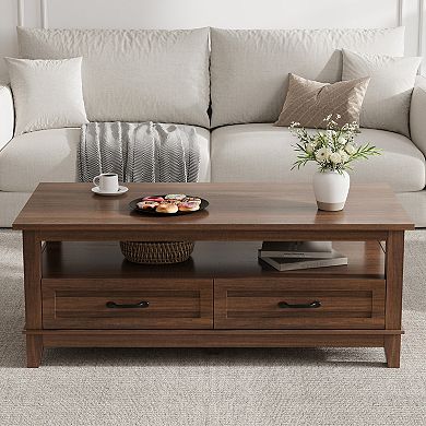 Farmhouse 2-tier Coffee Table with 2 Drawers and Storage Shelf for Living Room