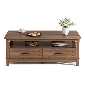 Farmhouse 2 tier Coffee Table with 2 Drawers and Storage Shelf for Living Room
