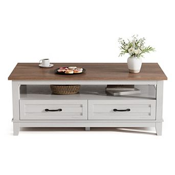 Farmhouse 2 tier Coffee Table with 2 Drawers and Storage Shelf for Living Room