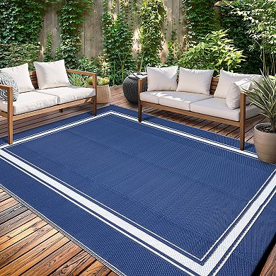 Outdoor Rug for Patio, Waterproof, Modern Bordered Area Mat, Reversible Plastic Straw Floor Carpet