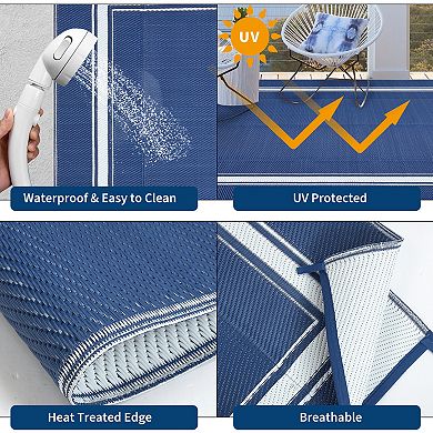Outdoor Rug for Patio, Waterproof, Modern Bordered Area Mat, Reversible Plastic Straw Floor Carpet