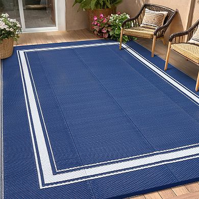 Outdoor Rug for Patio, Waterproof, Modern Bordered Area Mat, Reversible Plastic Straw Floor Carpet