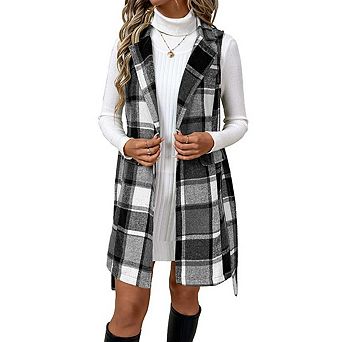 Women's Sleeveless Tweed Plaid Long Vest Lapel Slim Fit Blazer Jacket with Pockets
