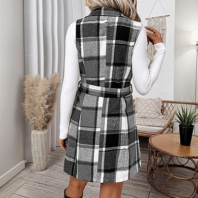 Women's Sleeveless Tweed Plaid Long Vest Lapel Slim Fit Blazer Jacket with Pockets