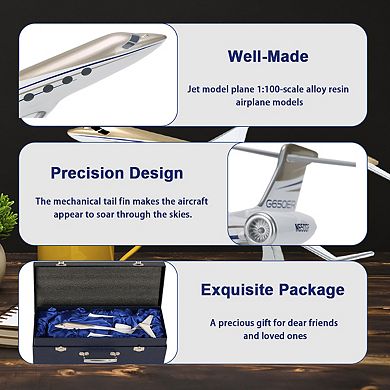 1:100 Gulfstream 650 Model Airplane, Alloy, Resin & Wood Base, Streamlined Plane Model Home Office