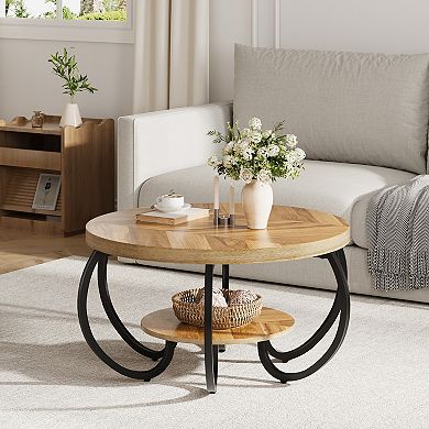 30" Round Coffee Table 2-Tier Wooden Center Table with Storage Shelf for Living Room
