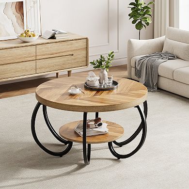 30" Round Coffee Table 2-Tier Wooden Center Table with Storage Shelf for Living Room