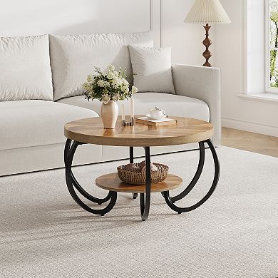 30" Round Coffee Table 2-Tier Wooden Center Table with Storage Shelf for Living Room