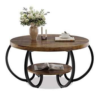 30" Round Coffee Table 2 tier Wooden Center Table with Storage Shelf for Living Room