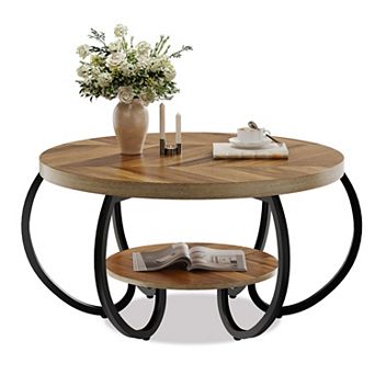 30" Round Coffee Table 2 tier Wooden Center Table with Storage Shelf for Living Room