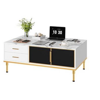 Modern 45" Coffee Table Marbling Top Gold Legs with 4 Fluted Drawers and Glass Doors