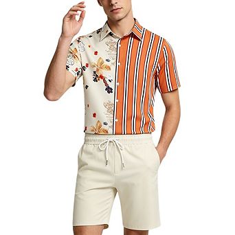 Men's Summer Beach Outfits 2 pc Short Sleeve Shirts and Shorts Vacation Flower Button Down Sets