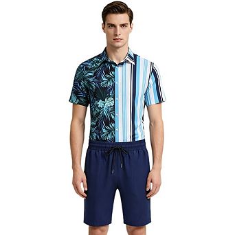 Men's Summer Beach Outfits 2 pc Short Sleeve Shirts and Shorts Vacation Flower Button Down Sets
