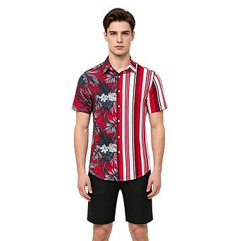 Men's Summer Beach Outfits 2 pc Short Sleeve Shirts and Shorts Vacation Flower Button Down Sets