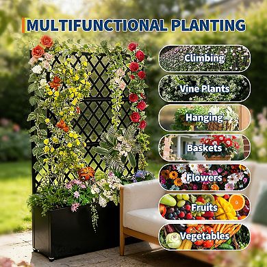 Steel Raised Mobile Planter Box with Privacy Screen and Drainage for Patio, Balcony, Yard