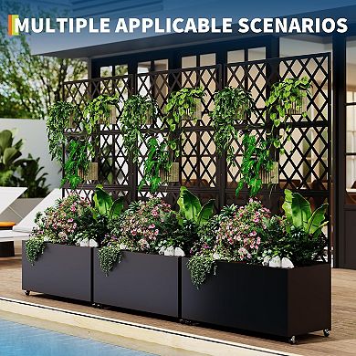 Steel Raised Mobile Planter Box with Privacy Screen and Drainage for Patio, Balcony, Yard
