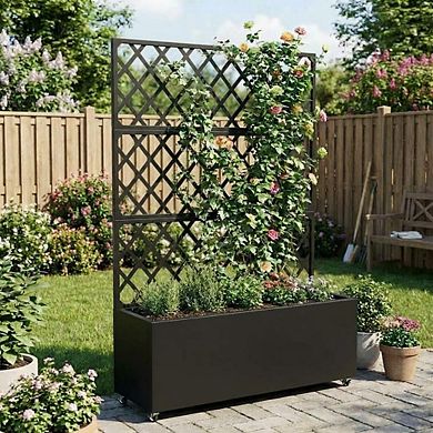 Steel Raised Mobile Planter Box with Privacy Screen and Drainage for Patio, Balcony, Yard