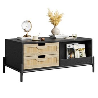 Modern 39" LED Lights Rattan Coffee Table with 4 Storage Drawers and Open Shelf