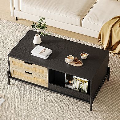 Modern 39" LED Lights Rattan Coffee Table with 4 Storage Drawers and Open Shelf