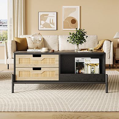 Modern 39" LED Lights Rattan Coffee Table with 4 Storage Drawers and Open Shelf