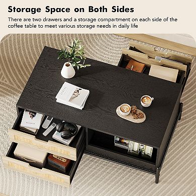 Modern 39" LED Lights Rattan Coffee Table with 4 Storage Drawers and Open Shelf