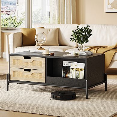 Modern 39" LED Lights Rattan Coffee Table with 4 Storage Drawers and Open Shelf