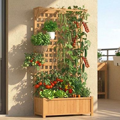 Wood Raised Garden Bed with Trellis, Canopy, Outdoor Planter Box for Vegetables, Flowers