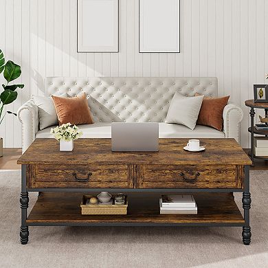41" Rustic Coffee Table with 2 Storage Drawers, 2 Tier Center Table with Shelf for Living Room