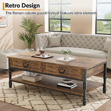 41" Rustic Coffee Table with 2 Storage Drawers, 2 Tier Center Table with Shelf for Living Room
