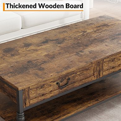 41" Rustic Coffee Table with 2 Storage Drawers, 2 Tier Center Table with Shelf for Living Room