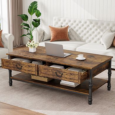 41" Rustic Coffee Table with 2 Storage Drawers, 2 Tier Center Table with Shelf for Living Room