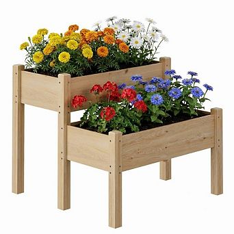 2 tier Elevated Wooden Raised Garden Bed with Legs, Drainage Holes for Vegetables, Flowers