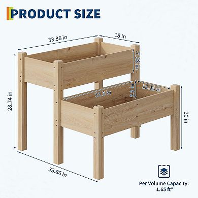 2 Tier Elevated Wooden Raised Garden Bed with Legs, Drainage Holes for Vegetables, Flowers
