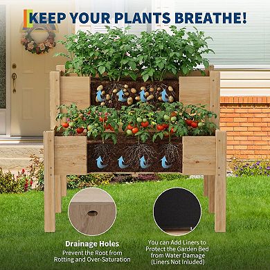 2 Tier Elevated Wooden Raised Garden Bed with Legs, Drainage Holes for Vegetables, Flowers