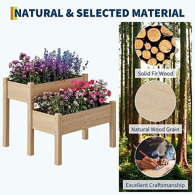 2 Tier Elevated Wooden Raised Garden Bed with Legs, Drainage Holes for Vegetables, Flowers