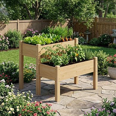 2 Tier Elevated Wooden Raised Garden Bed with Legs, Drainage Holes for Vegetables, Flowers