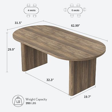 63" Oval Dining Table, Dual Column Structure, Thick Wood Base & Natural Oak Finish for Dining Room