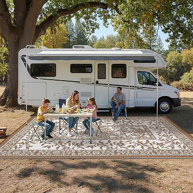 Reversible Outdoor Area Rug, Grey/White - Waterproof, Easy Clean, UV Resistant Patio Mat