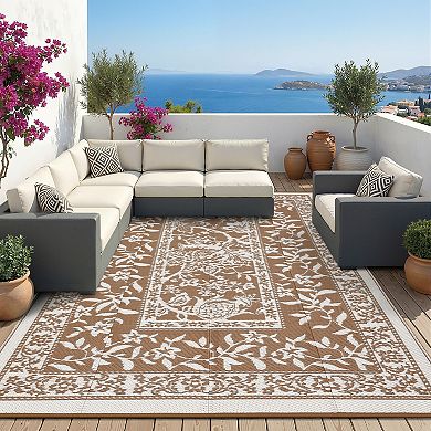 Reversible Outdoor Area Rug, Grey/White - Waterproof, Easy Clean, UV Resistant Patio Mat