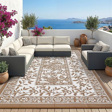 Reversible Outdoor Area Rug, Grey/White - Waterproof, Easy Clean, UV Resistant Patio Mat