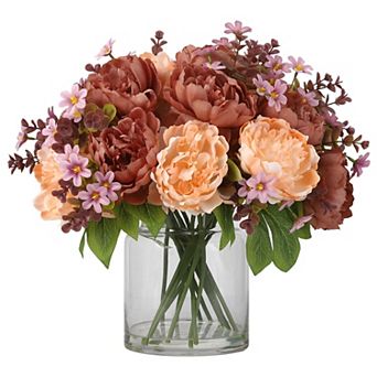 Artificial Peony Arrangement in Glass Vase Real Touch Silk Peonies with Faux Water Decorative Flower