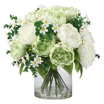 Artificial Peony Arrangement in Glass Vase Real Touch Silk Peonies with Faux Water Decorative Flower